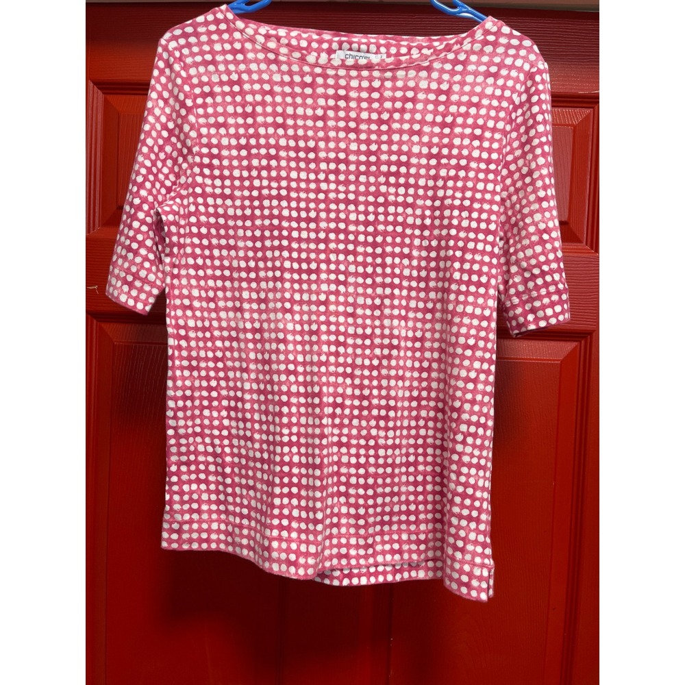 Chicos Pink White Polka Dot Boat Neck Top Short Sleeve Size 2 Large L